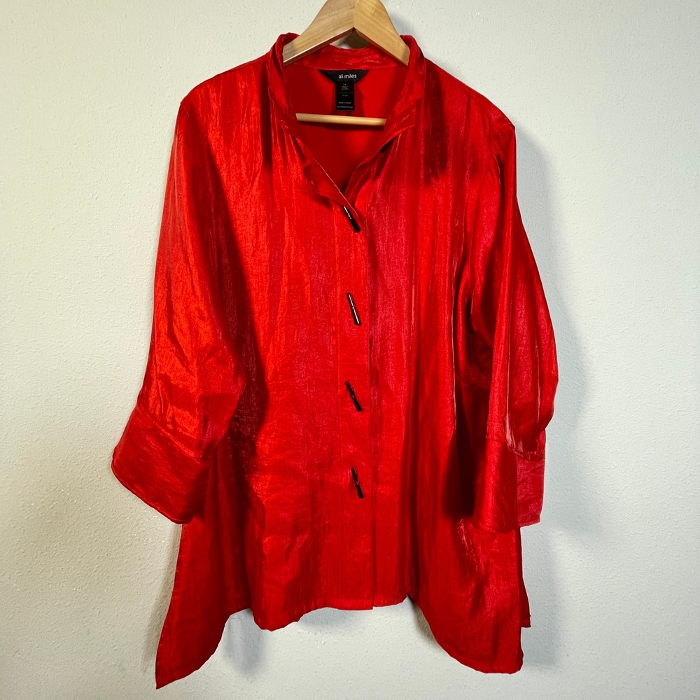 Ali Miles Button‎ Up Top Womens 1X Red Shimmer Toggle Art to Wear Holiday Blouse